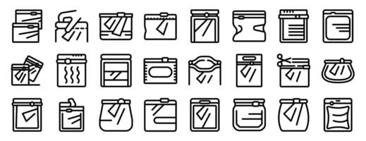 Zip bag icons set. Vacuum zipper bag icons set. Outline set of vacuum zipper bag vector icons for web and mobile