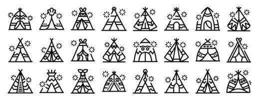 Teepee tent icons set. Set of teepee icons showing different styles of native american tents vector