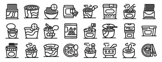 Instant soup icons set. Big set of instant noodles icons showing different types of packaging and preparation methods vector