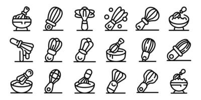 Baking whisk icons set. Baker whisking eggs, cream or dough in bowl icon set. Line style vector
