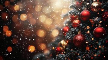Festive Christmas tree adorned with ornaments and shimmering lights during a snowy winter evening photo