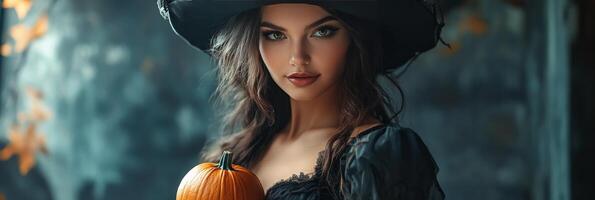 Elegant witch holding a carved pumpkin in a dimly lit autumn setting during Halloween festivities photo