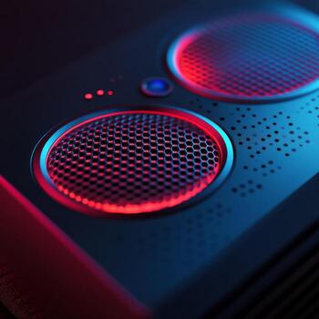Modern audio speaker illuminated with red and blue lights against a dark background photo