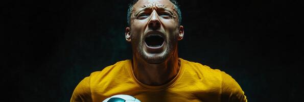 A soccer player passionately celebrating a goal in a dimly lit environment during a night match photo