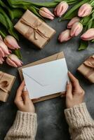 Celebrating a special occasion with gifts and fresh tulips on a gray surface in cozy attire photo