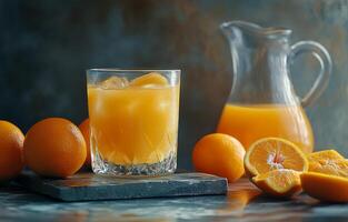 Freshly squeezed orange juice served in a glass alongside whole oranges and a pitcher photo