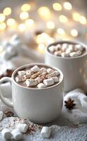 Cozy cups of hot chocolate with marshmallows on a soft blanket during a warm winter evening photo