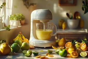 A bright kitchen filled with fresh citrus fruits and a blender preparing a refreshing juice mix photo