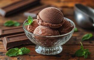 Indulgent chocolate ice cream served in a glass bowl with fresh mint leaves and chocolate chunks photo