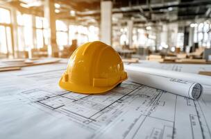 Yellow hard hat rests on blueprints in a sunlit construction office during late afternoon photo