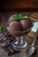 Decadent chocolate ice cream served in a glass bowl with a mint garnish and dark chocolate photo