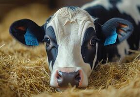 Calf resting comfortably in a straw-filled barn during the afternoon in rural countryside photo