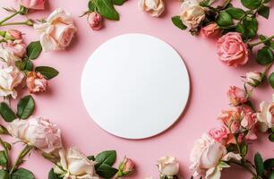 Delicate pink roses surrounding a blank circular platform on a soft pink backdrop photo