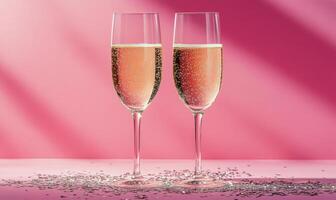 Celebratory sparkling drinks in elegant flutes on a pink backdrop with confetti scattered around photo