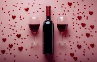 Romantic wine setup with two glasses and heart confetti on a pink background for special occasions photo