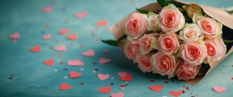 Beautiful bouquet of pink and white roses surrounded by heart-shaped confetti on a teal background photo