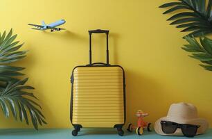 Preparing for a summer getaway with palm leaves, travel essentials, and sunny vibes photo