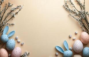 Colorful Easter eggs and spring flowers create a festive atmosphere on a pastel background photo