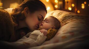A mother gently kisses her baby while relaxing in a softly lit bedroom at night photo