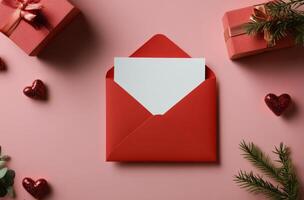 Red envelope and blank card on pink background for love letter or special occasion photo