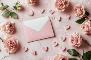 A beautiful arrangement of pink flowers and hearts surrounding a pink envelope on a soft background photo