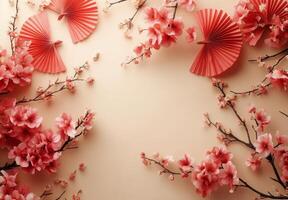 Elegant display of cherry blossoms and paper fans on a light background for spring decor photo