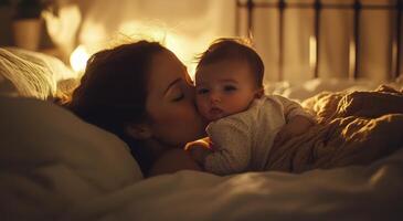 A mother gently kisses her baby while relaxing in a softly lit bedroom at night photo