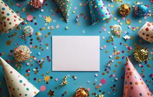 Colorful party decorations and supplies arranged on a blue background with a blank card photo