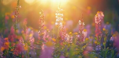 Magical sunset illuminating a field of delicate wildflowers with soft purple hues photo