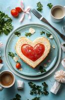 Delicious heart-shaped cake surrounded by roses on a blue plate during a romantic celebration photo