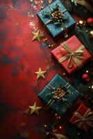 Festive holiday gifts arranged on a vibrant red background with decorative elements and greenery photo
