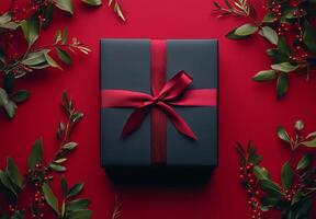 A beautifully wrapped black gift box with a red ribbon on a vibrant red backdrop photo