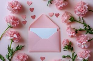 A pink envelope with hearts and flowers arranged beautifully for a romantic celebration photo