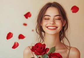 Woman smiling joyfully while holding a bouquet of red roses with rose petals falling around her photo