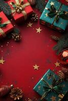Festive holiday gifts arranged on a vibrant red background with decorative elements and greenery photo