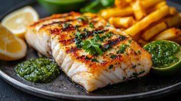 Grilled fish fillet served with crispy fries and fresh green sauce on a dark plate photo