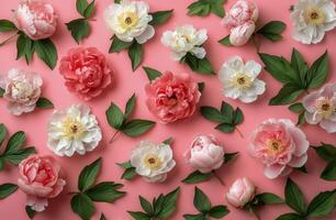 Three white peonies arranged on a soft pink background in bright natural light photo