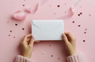 Hands holding a pink envelope on a pink surface decorated with hearts and ribbons photo