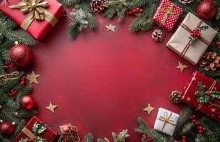 Festive Christmas decorations with ornaments and gifts arranged on a red background photo