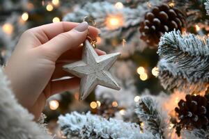 Decorating a festive tree with a handmade star ornament during the holiday season photo