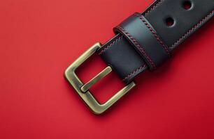 A close-up of a black leather belt with a brass buckle against a smooth red background photo