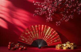 Elegant red fan and decorative elements with cherry blossoms for a festive celebration photo