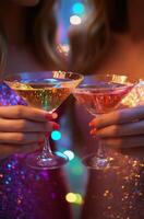 Two friends celebrating with cocktails at a stylish party dressed in sparkling outfits photo