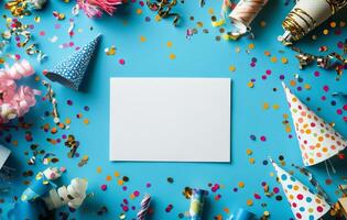 Festive celebration setup with colorful party hats and confetti on a bright blue background photo
