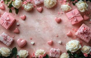 Delicate white roses and pink gifts arranged around a heart-themed backdrop for a special occasion photo