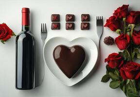 Romantic dinner setup with red roses, chocolates, and wine for a special occasion photo