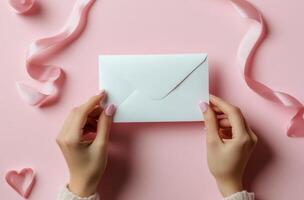 Creating a lovely gift envelope with pink ribbons and romantic decorations on a pastel background photo