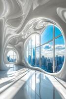 Modern architectural interior with expansive windows and city view on a sunny day photo