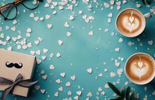 A cozy workspace setup with coffee, gift, glasses, and heart-shaped decorations on blue background photo