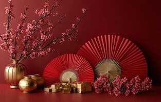 Decorative Chinese New Year celebration display with red fans, gold ingots, and cherry blossoms photo